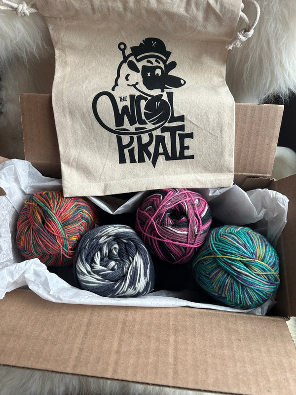 Shipping box containing yarn and project bag